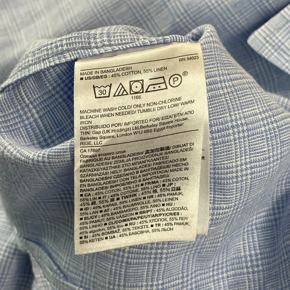Banana Republic Slim Fit Shirt Men Large‎ Blue Plaid Linen Blend Short Sleeve